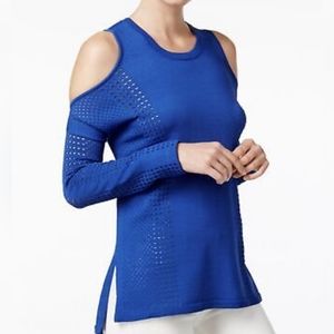Bar III Women's Cold Shoulder Perforated Hi-Low Pullover Sweater Blue Me…